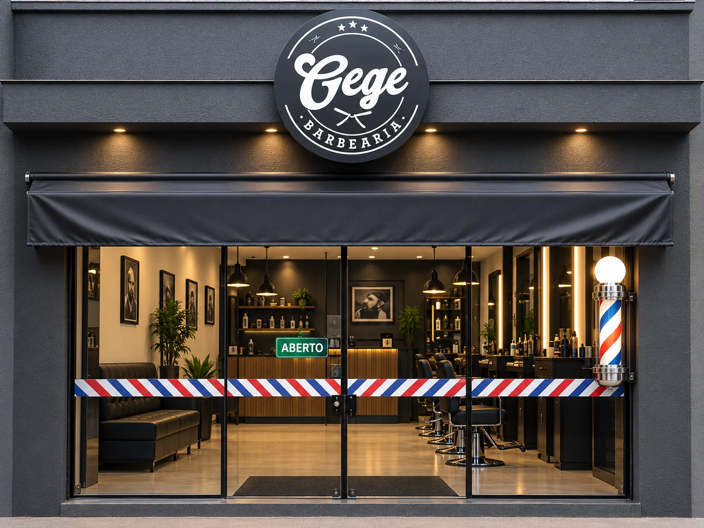 Fachada da Gege Barbearia com letreiro e entrada principal